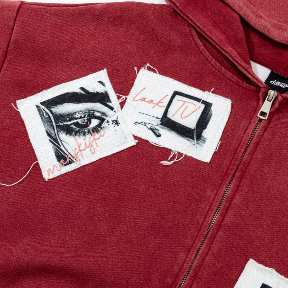 Color blocking adhesive cloth washed hooded cardigan sweatshirt