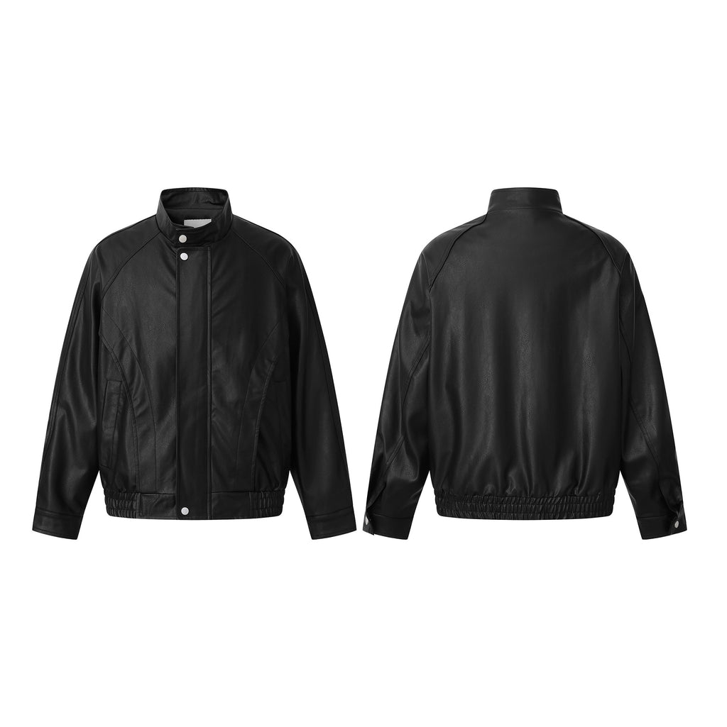 Casual Solid Color PU Leather Jacket for Men - Loose Fit Stand-up Collar Stylish Outerwear