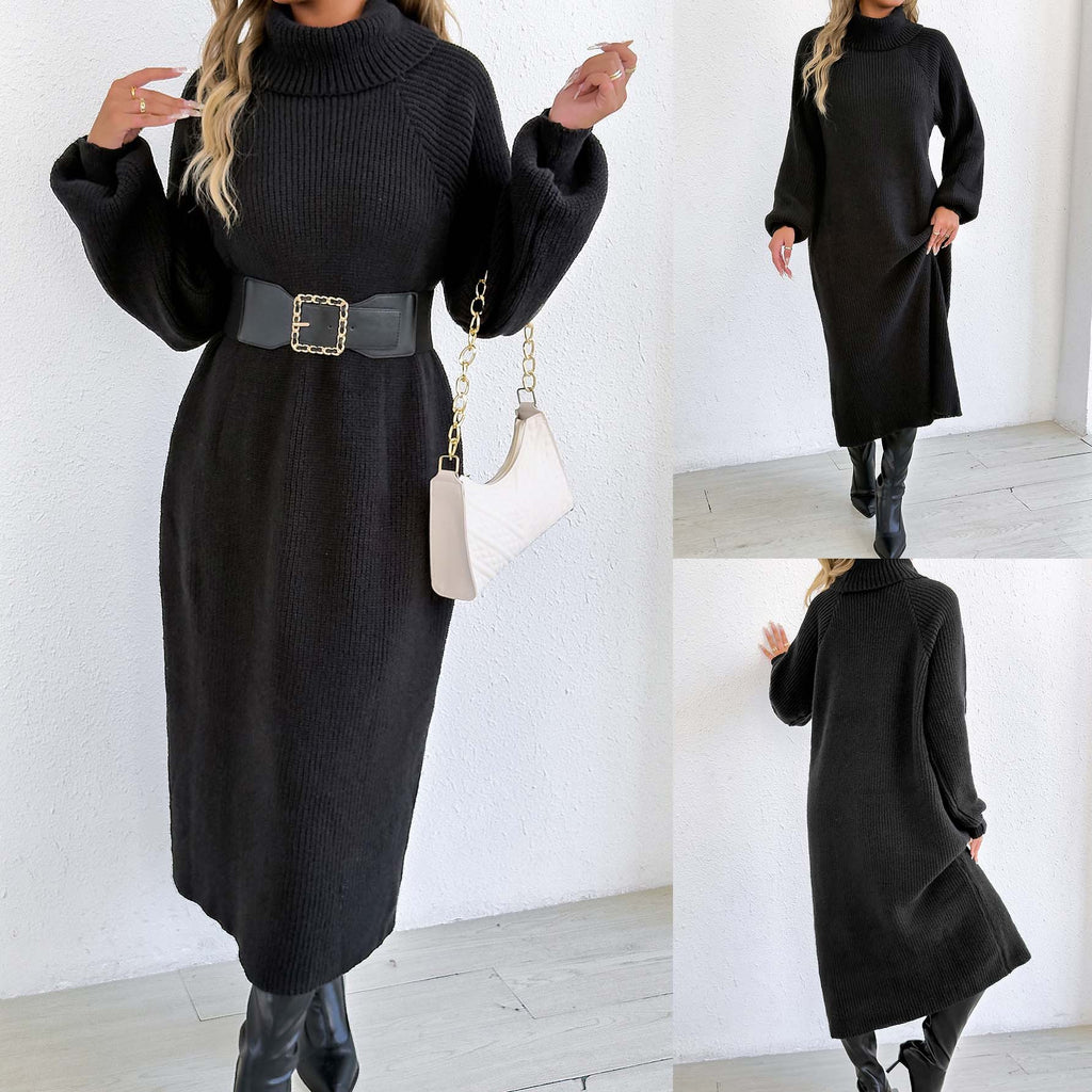 Lady's Dress Women's Clothing Loose Casual Long Dress High Neck Turn-down Collar Sweater Dress Without Belt