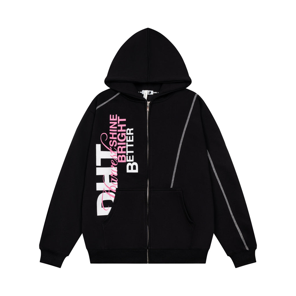 Bright contrasting big slogan cardigan hooded sweatshirt jacket