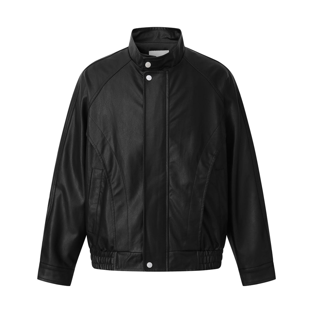 Casual Solid Color PU Leather Jacket for Men - Loose Fit Stand-up Collar Stylish Outerwear