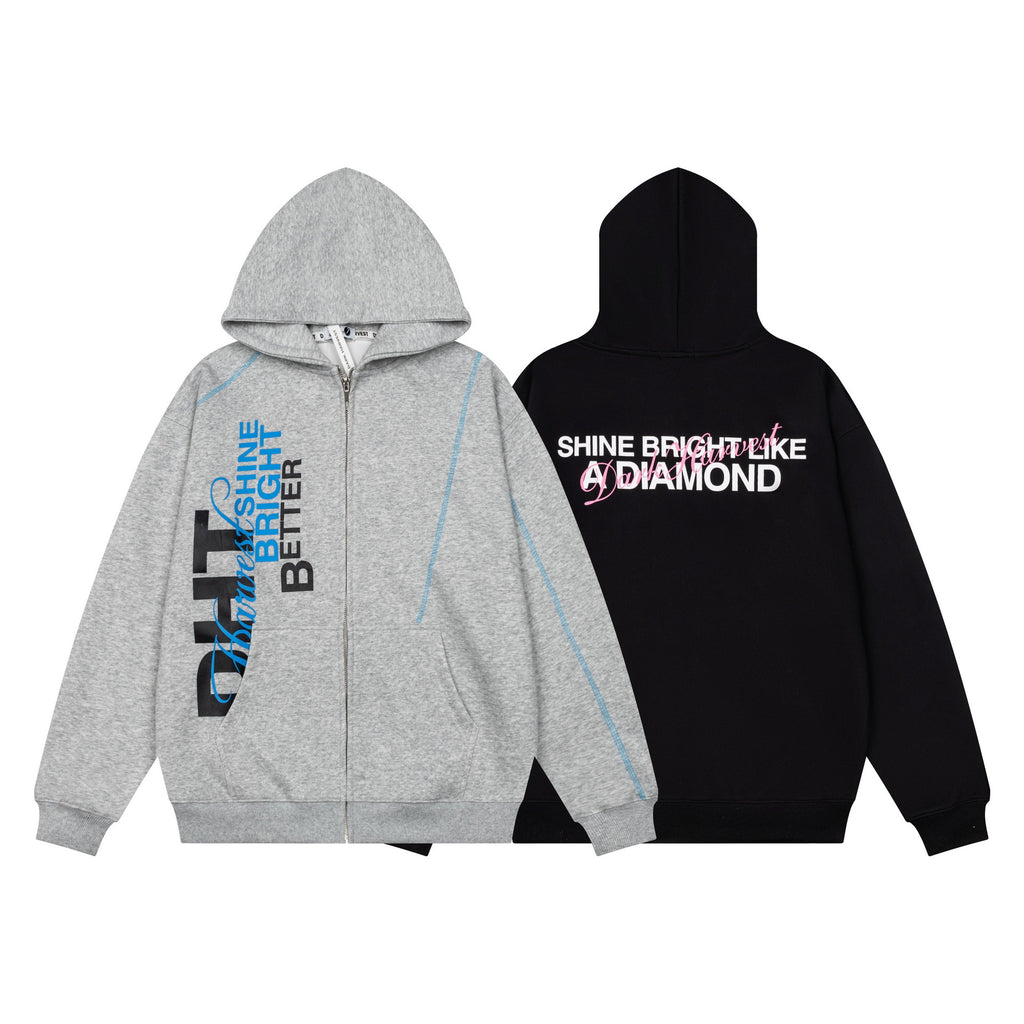 Bright contrasting big slogan cardigan hooded sweatshirt jacket