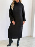 Lady's Dress Women's Clothing Loose Casual Long Dress High Neck Turn-down Collar Sweater Dress Without Belt