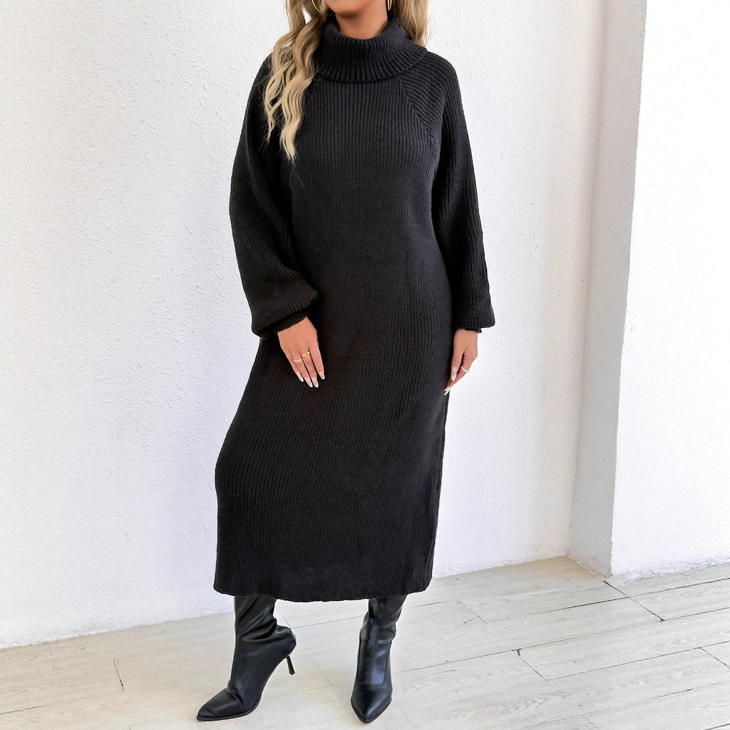 Lady's Dress Women's Clothing Loose Casual Long Dress High Neck Turn-down Collar Sweater Dress Without Belt
