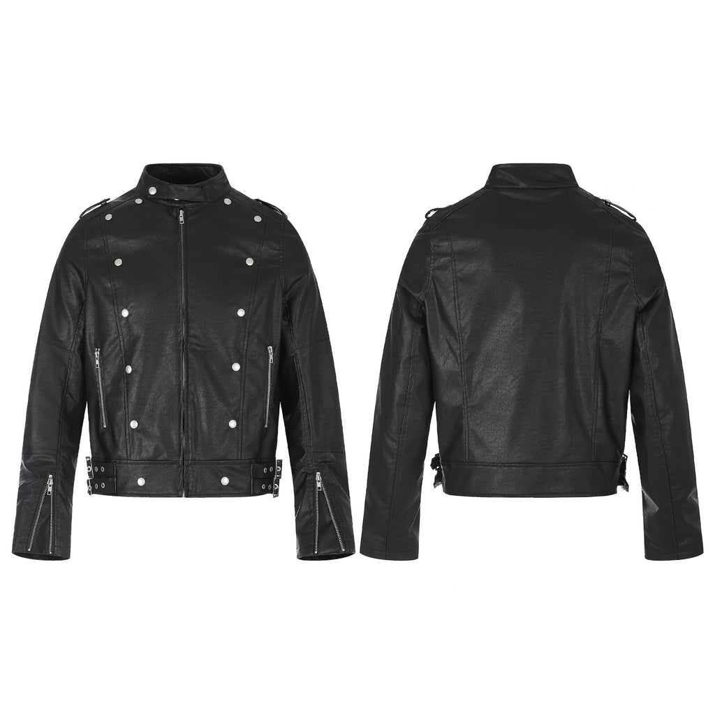 Double-breasted Snap Button PU Leather Jacket Men Slim Fit Short Motorcycle Jacket