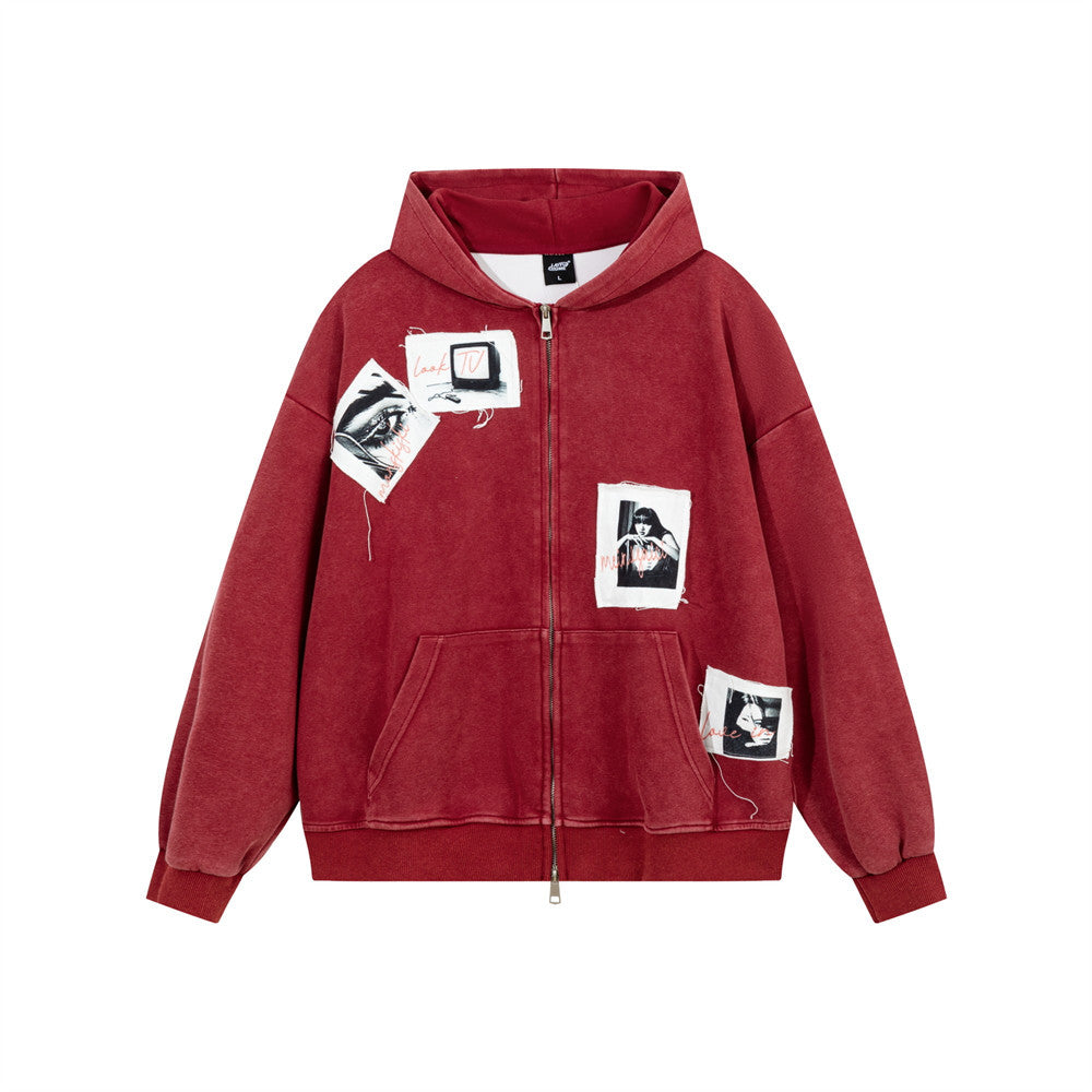 Color blocking adhesive cloth washed hooded cardigan sweatshirt