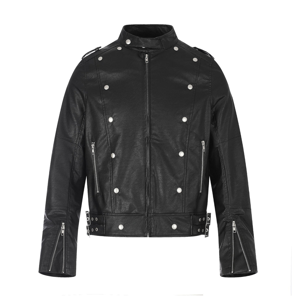 Double-breasted Snap Button PU Leather Jacket Men Slim Fit Short Motorcycle Jacket