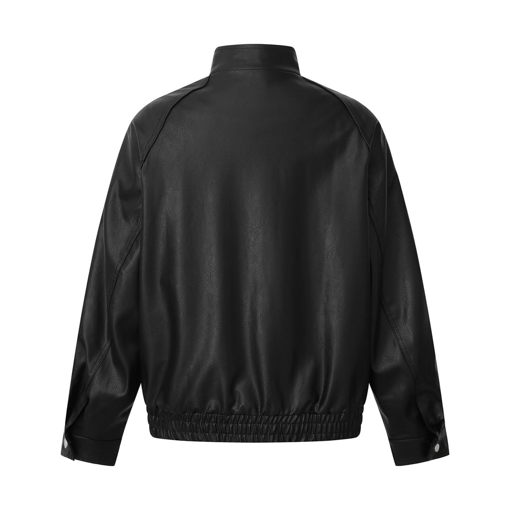 Casual Solid Color PU Leather Jacket for Men - Loose Fit Stand-up Collar Stylish Outerwear