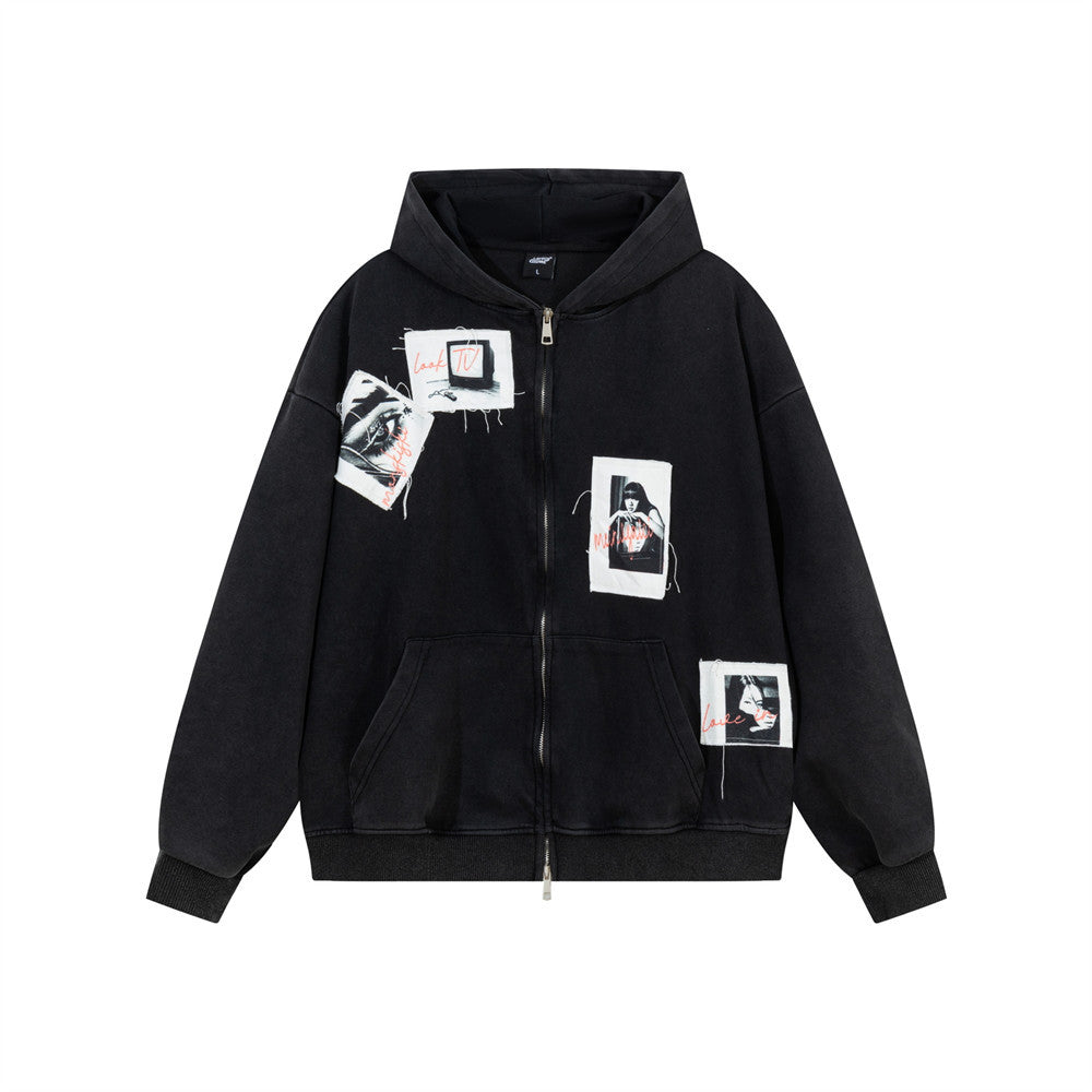 Color blocking adhesive cloth washed hooded cardigan sweatshirt
